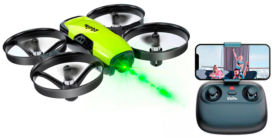 Mini dron de juguete Loolinn U61 con su radio control que incorpora un móvil en cuya pantalla se ve una familia divirtiéndose